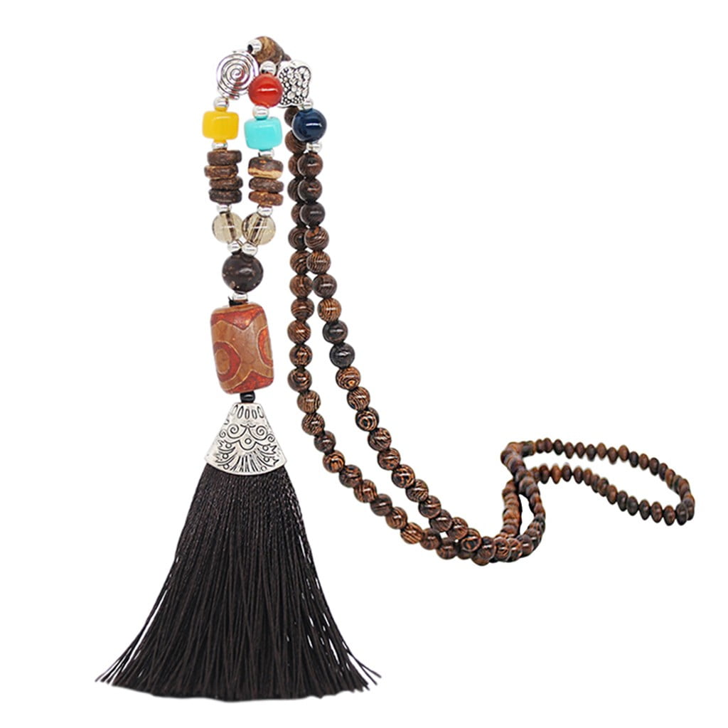 Boho Bohemian Wooden Beaded Tassel Dangle Pendant Necklace Long Sweater Chain 