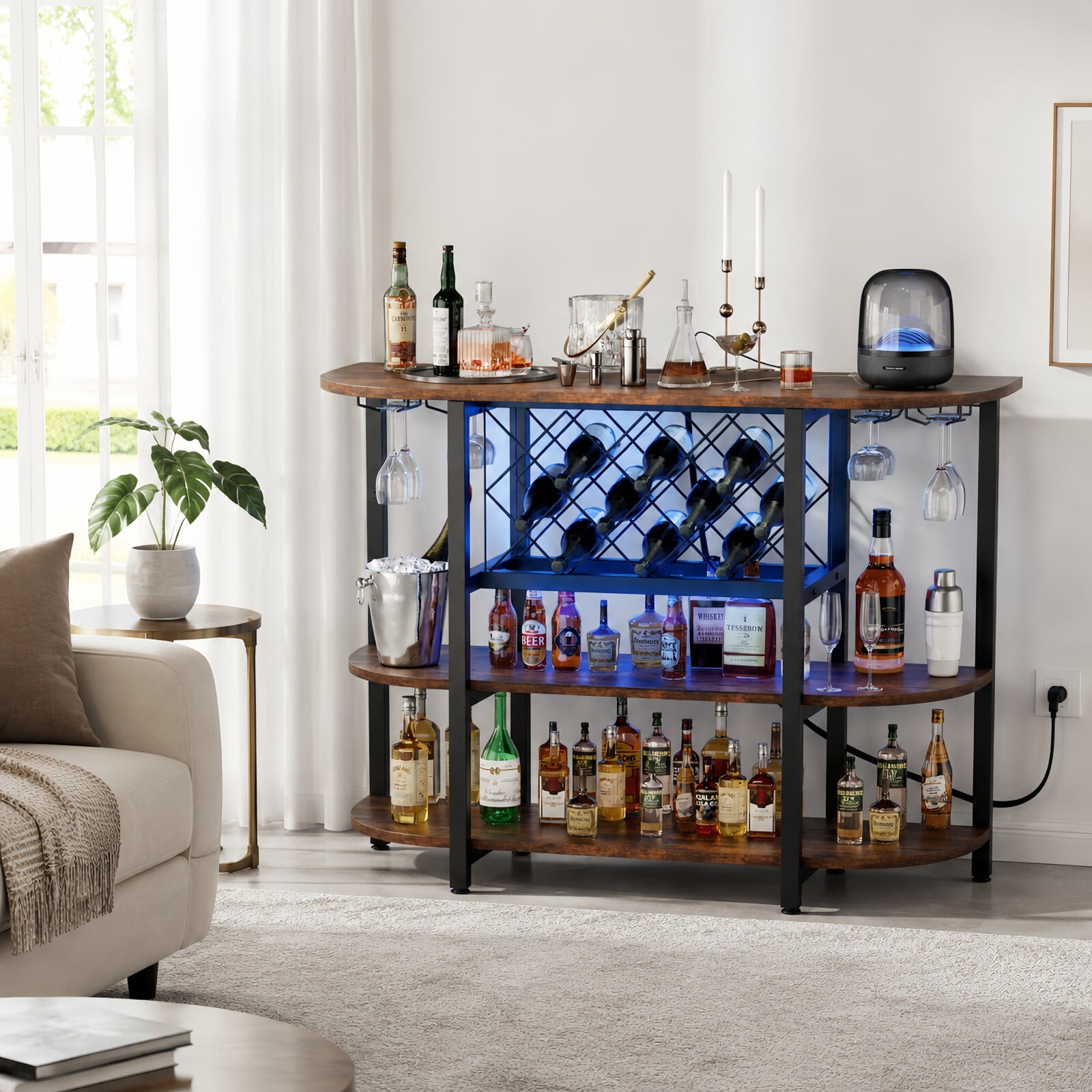 Kelno 47" Home Bar Cabinet with Power Outlet RGB LED Lights 4-Tier Liquor Cabinet with Wine Rack Glass Holder, Rust