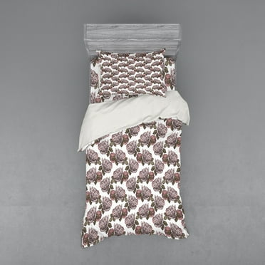 Ambesonne Antique Bedding Set 3 Pcs, Sketchy Drawn Vintage Roses, Twin XL, Blush Dried Rose