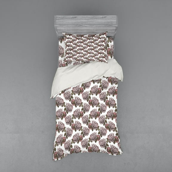 Ambesonne Antique Bedding Set 3 Pcs, Sketchy Drawn Vintage Roses, Twin, Blush Dried Rose