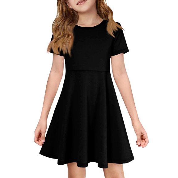 OIOLOYJM Girls Summer Short Sleeve Dress Cute Flowy Swing Hem Pocket A Line Dress Basic Lightweight Birthday Party Dresses Black 3-4 Year