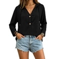 thumbnail image 6 of Women's V Neck Button Front Hoodie, Long Sleeve Drawstring Top, Casual Pullover Shirt for Spring Summer | CSEONE,Black L, 6 of 9