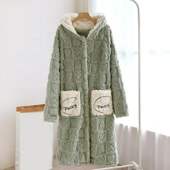 FDGIU Women's Plush Bathrobe with Hood & Pockets, Long Fluffy Fleece Robe for Women, Cozy Warm Hooded Sleepwear Loungewear