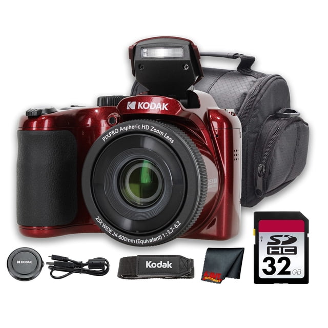 Kodak PIXPRO AZ255 16MP Digital Camera, 25X Optical Zoom, 1080p Video, 3" LCD, Red with 32GB Memory Card & Camera Case