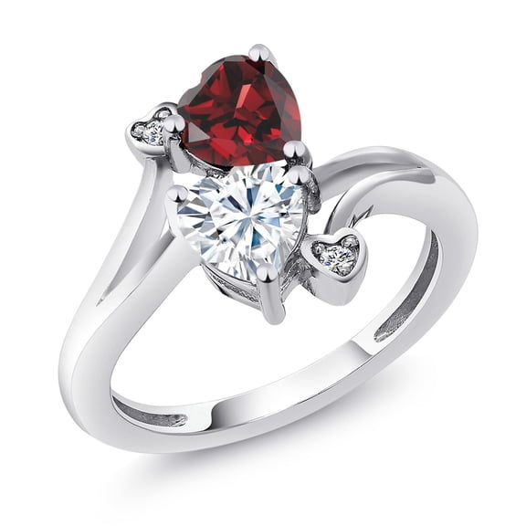 Gem Stone King 925 Sterling Silver Red Garnet White Moissanite and White Diamond Ring for Women (1.83 Cttw, Heart Shape 6MM, Gemstone January Birthstone, Size 5)