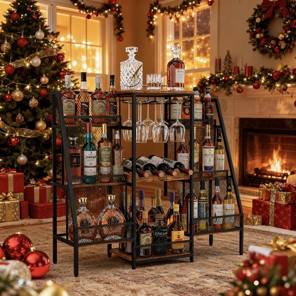 Hayexiha Casier à Vin Autoportant à 6 Niveaux (Hauteur Sécurisée pour Enfants et Animaux) avec Porte-Verres et Clôtures, Grand Meuble de Bar pour la Maison, Liq