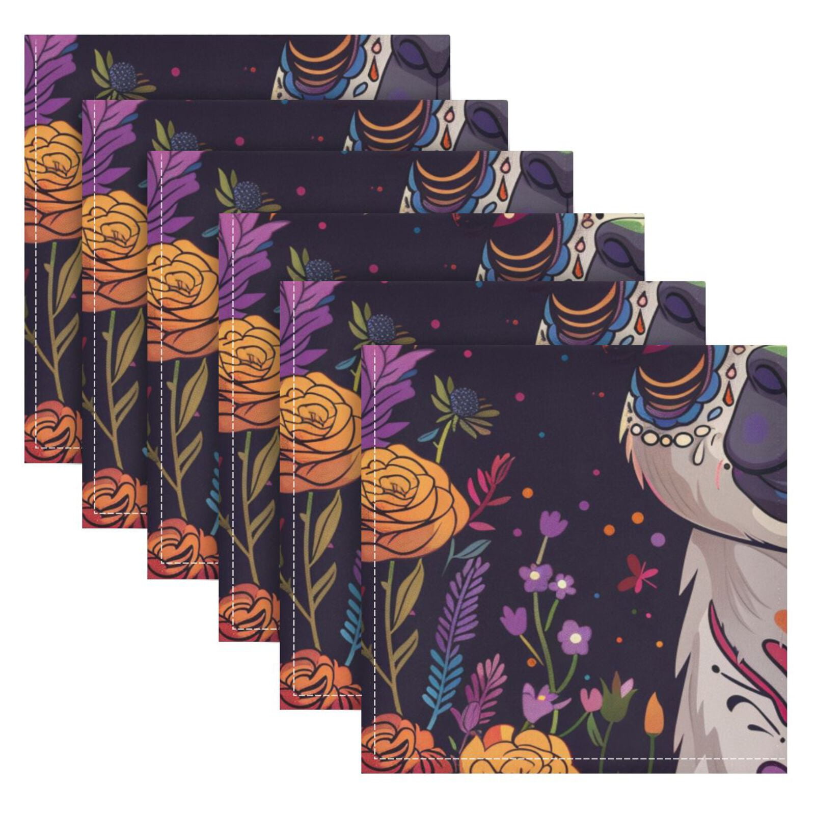 JSTEL Day Of The Dead Llama Alpaca Cloth Napkins Set of 6, 20x20 Inch Washable and Reusable Napkin for Decoupage Dinner Party Everyday Use