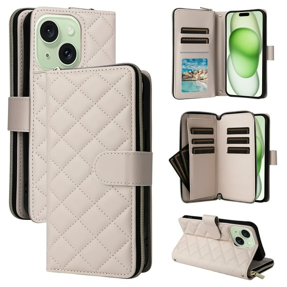 for iPhone 15 Wallet Case for Women Girls, PU Leather   TPU, Zipper Pocket Card Slots Kickstand Magnetic Clasp Crossbody & Wrist Strap Full Body Shockproof Heavy Duty Phone Cover, Beige
