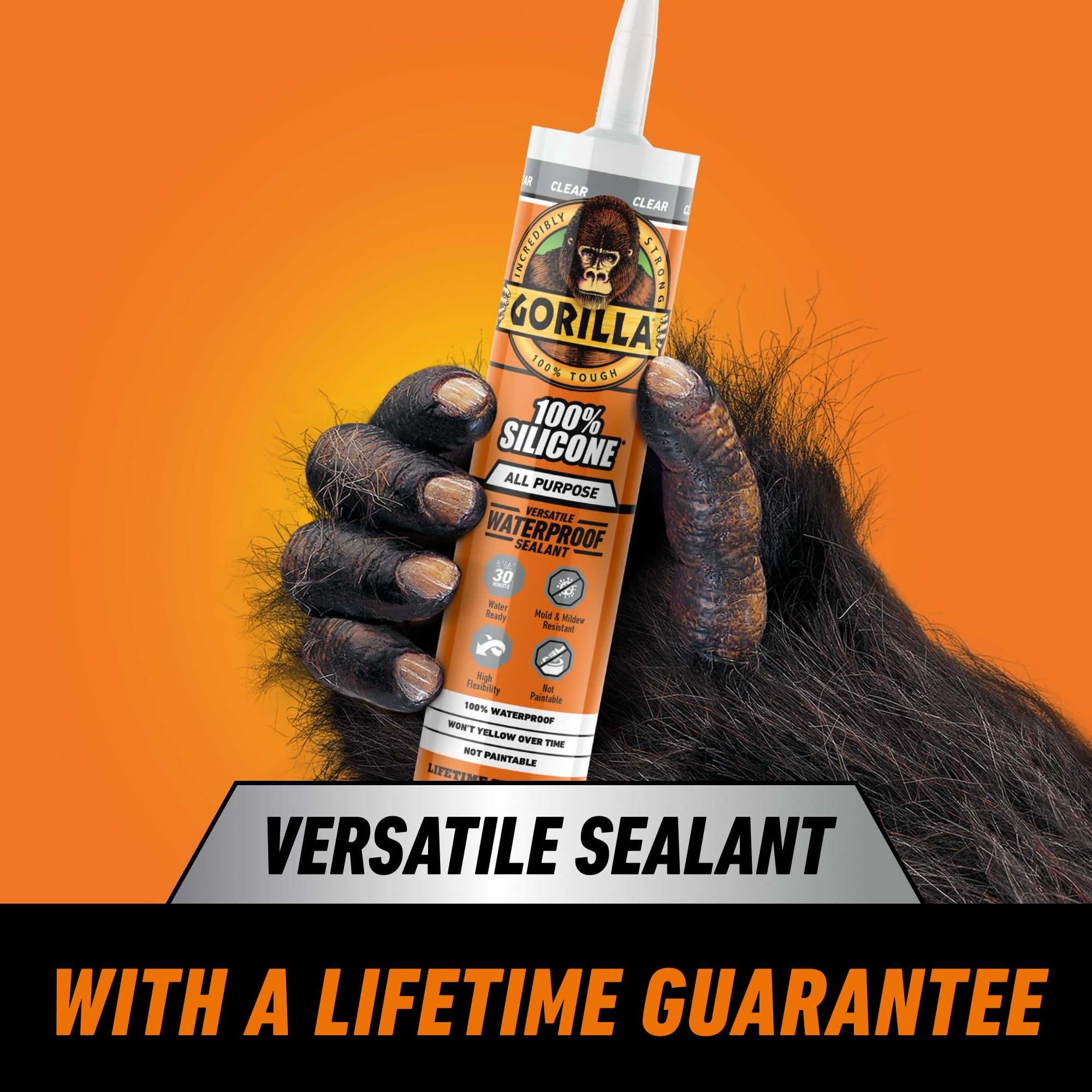 (2 pack) Gorilla Waterproof Caulk & Seal Silicone Sealant, 10oz Cartridge - Clear Caulking Sealant for Kitchen, Window, Bath, Marine, Door and More