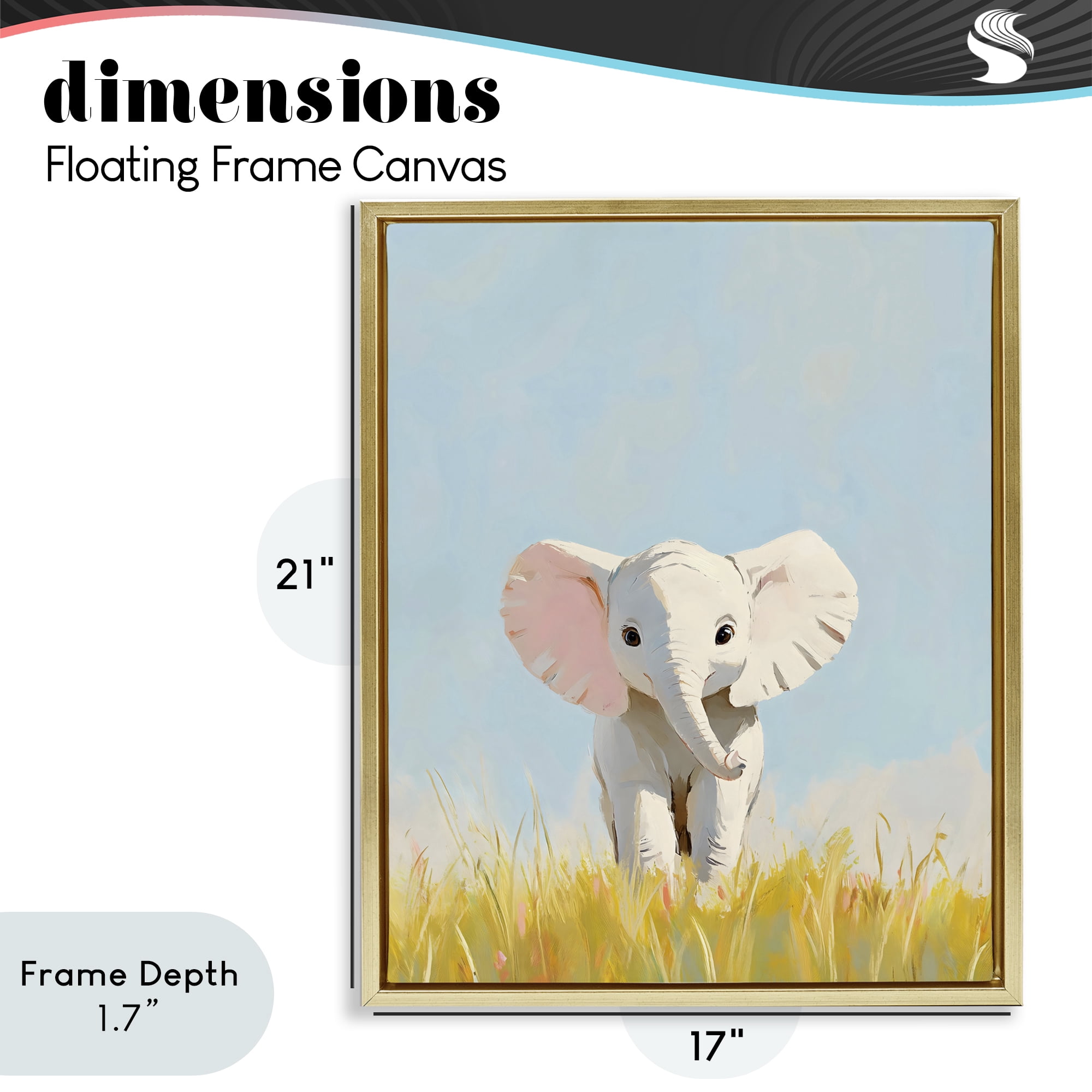 Stupell Industries White Baby Elephant in Grass Gold Framed Floater Canvas Wall Art, design by The Prints Vibe