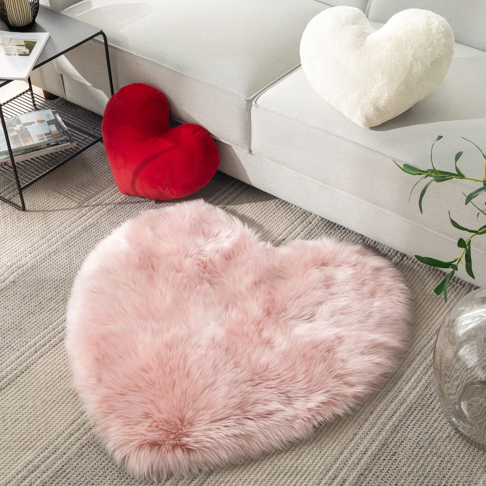 Phantoscope Valentine's Day Mother's Day Ultra Soft Heart Shaped Faux Sheepskin Area Rug, Non Slip Fluffy Modern Heart Carpet for Bedroom Living Room, Pink, 3x3 ft