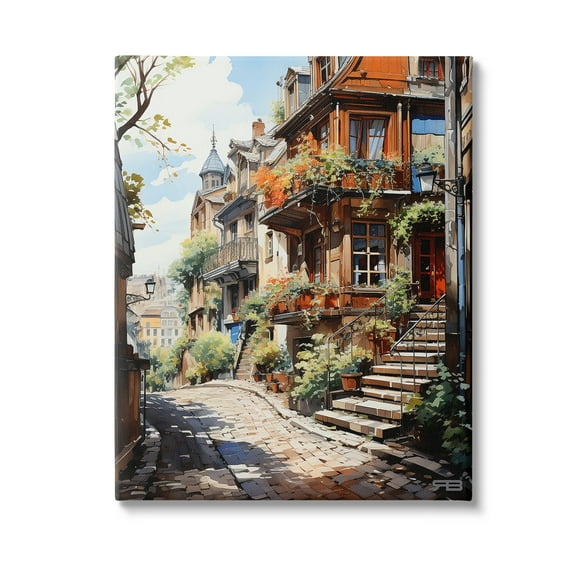 Stupell Industries Cobblestone Walkway in Town Travel & Places Painting Gallery Wrapped Canvas Art Print Wall Art, 16 x 20