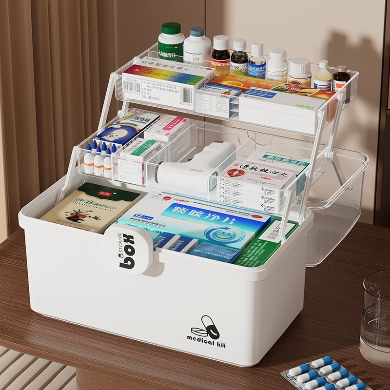 3-Tier Medicine Box Organizer, Large Capacity with Transparent Lid & Lock, Portable Medication Organizer for Home and Travel Use, 7.28"L x 13.38"W x 9.44"H