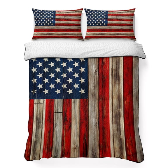 Full Quilt Set 78''x90'', Vintage American Flag Lightweight Summer Bedspread Coverlet Set with 2 Pillow Shams, Blue Star Red Striped Wooden Breathable All Season Quilt Bedding for Bedroom/Guest Room