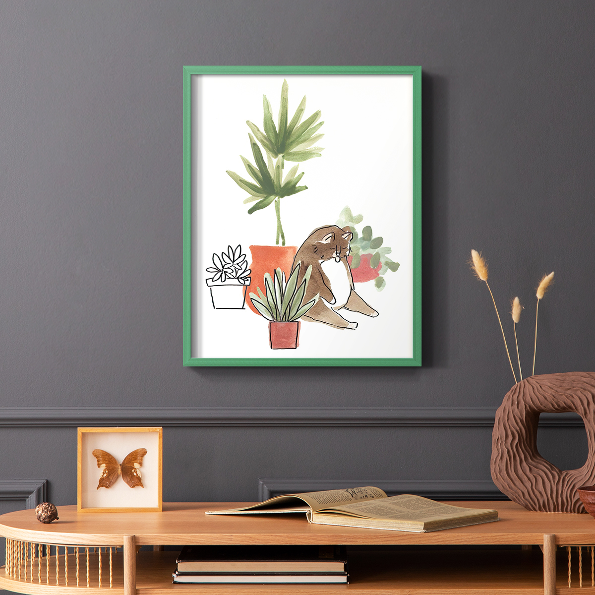 Purrfect Plants II Framed Print in Green Solid Wood Framed Print No Nail Hanging