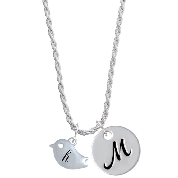 Delight Jewelry Silvertone Little Bird Initial - H - Silvertone Script Initial Disc - M - Charm Necklace, 20"+3"