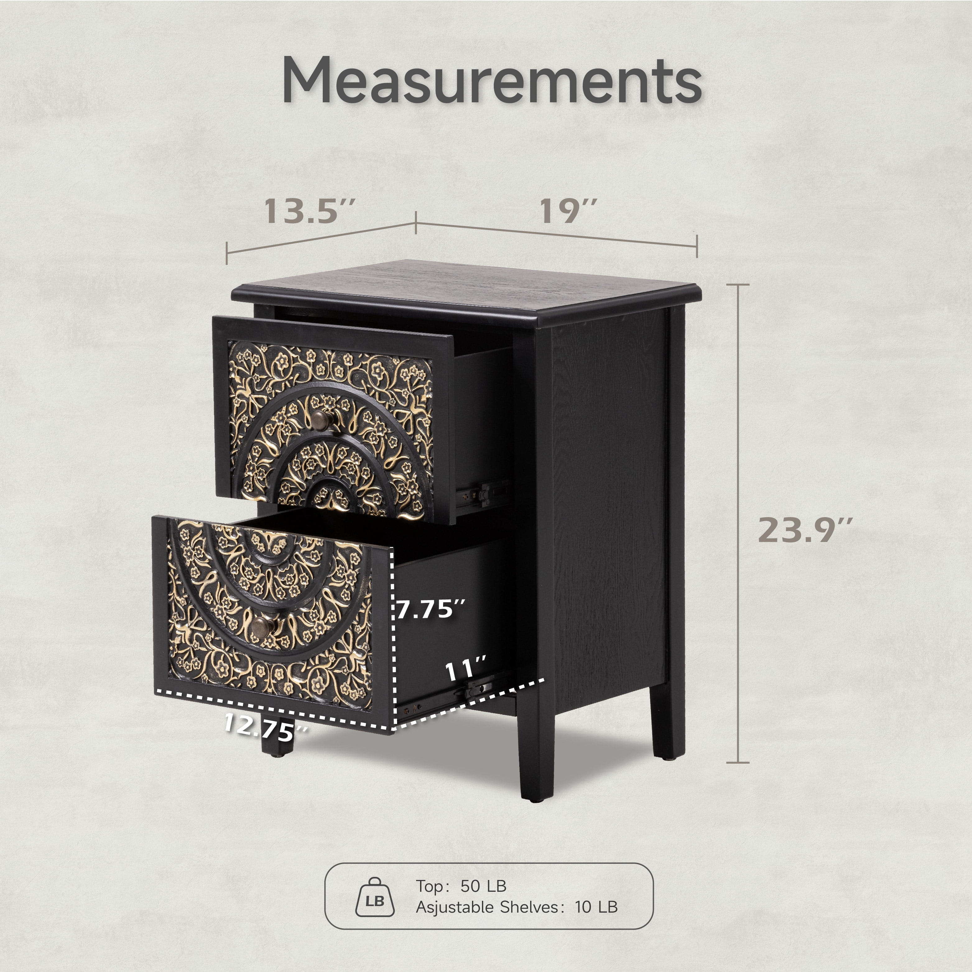 COZAYH 2-Drawer Fully-Assembled Flower Motif Nightstand for Small Spaces, French Country, Modern, Distressed Finish, Gold & Black