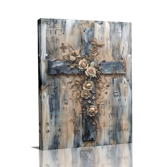 “Rustic Cross with Roses & Sheet Music” Spiritual Canvas Wall Art Ready to Hang for Living Room and Bedroom