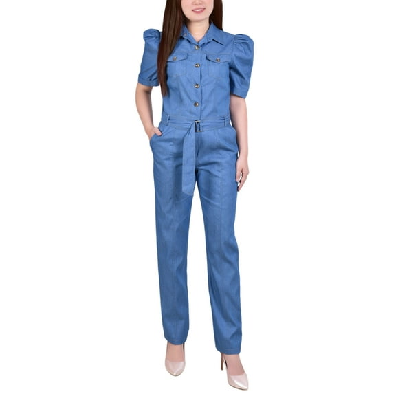 Petite Short Sleeve Belted Jumpsuit Med Denim PS