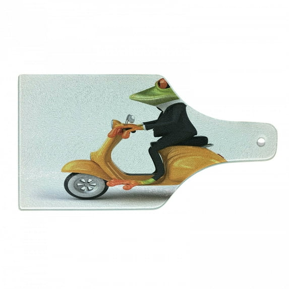 Animal Cutting Board, Serious Italian Frog Riding Motorcycle Fun Nature Graphic Urban Art, Decorative Tempered Glass Cutting and Serving Board, Wine Bottle Shape, Green Black Orange, by Ambesonne