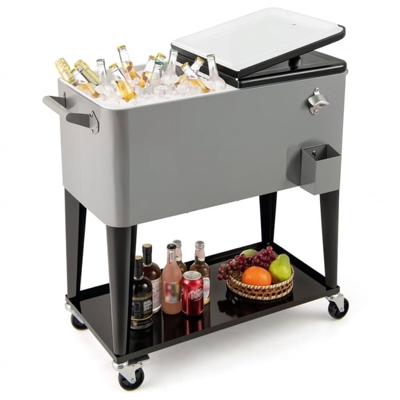 Vebreda Portable Rolling Patio Cooler Cart with Bottom Storage Shelf Bottle Opener and Locking Wheels for Parties, Black