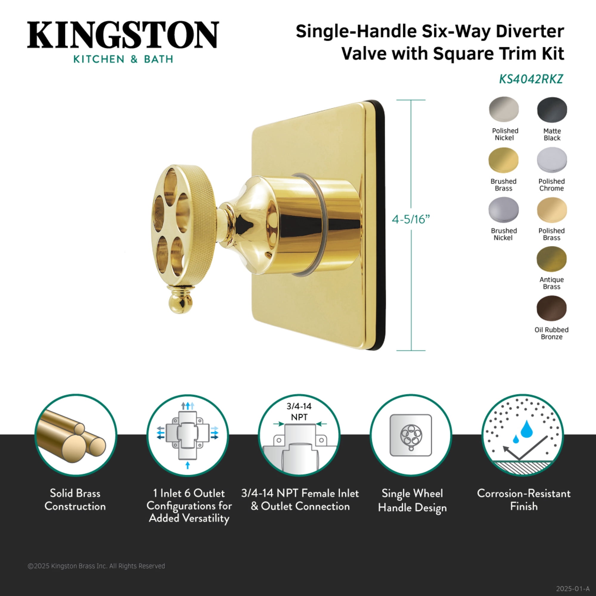 Kingston Brass KS4047RKZ Wendell Single-Handle Six-Way Diverter Valve with Knurled Handle and Square Trim Kit, Brushed Brass