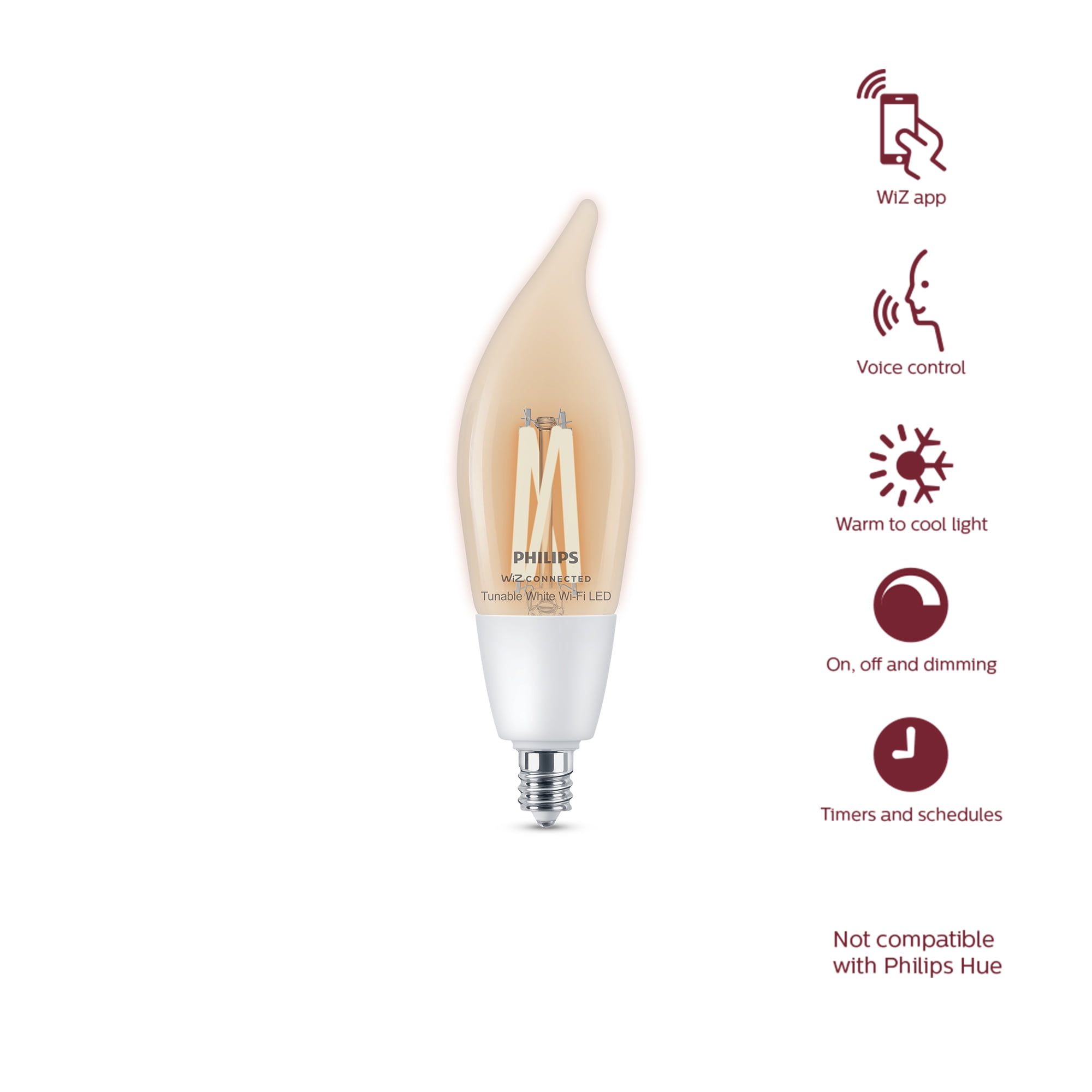 (2 pack) Philips Smart Wi-Fi Connected LED 40-Watt BA11 Filament Candle Light Bulb, Clear Tunable White, Dimmable, E12 Candelabra Base (1-Pack)