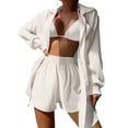 thumbnail image 2 of Douhoow Women Solid Color Turn-Down Collar Long Sleeve Shirts Elastic Waist Shorts 2 Pieces Summer Beach Holiday Outfits, 2 of 6