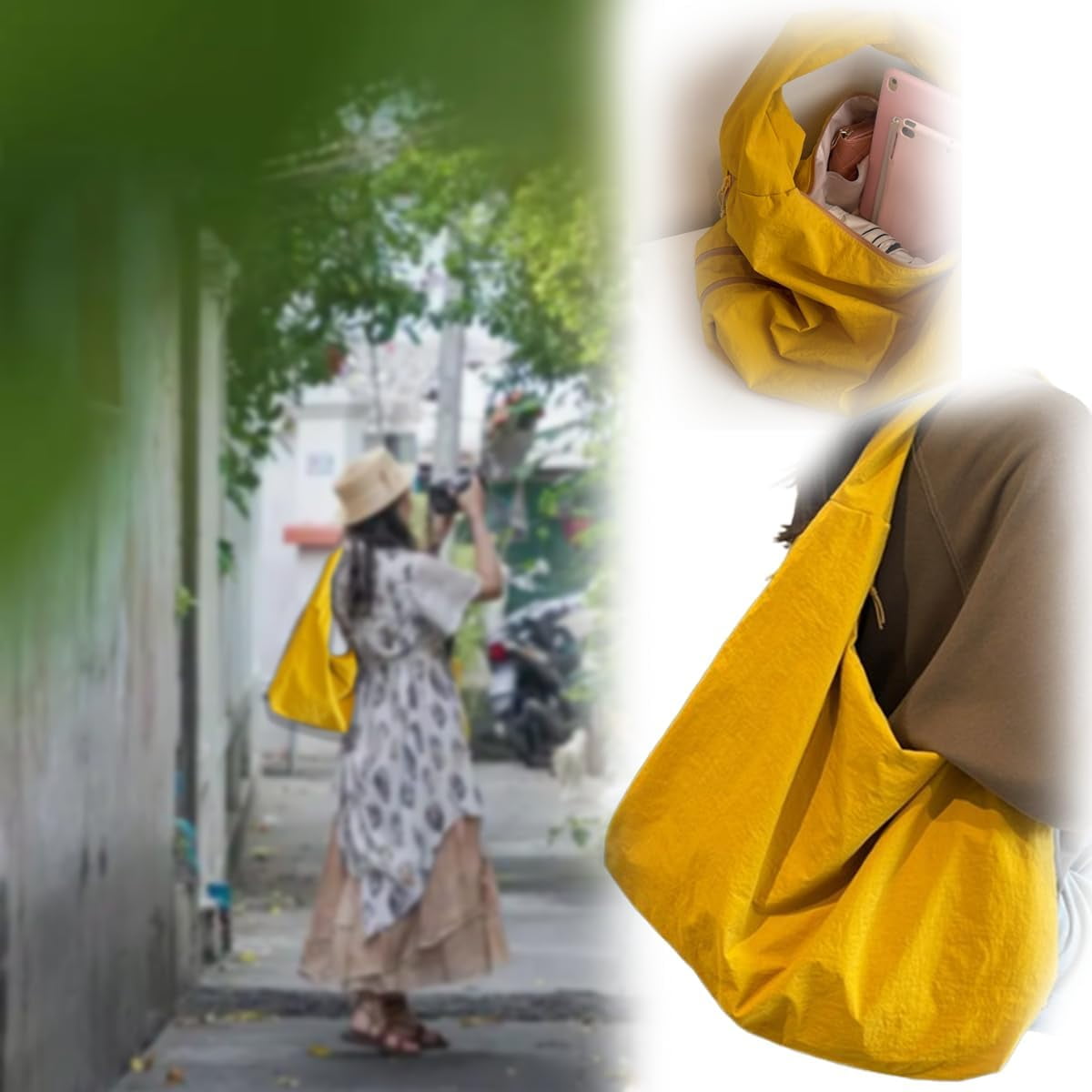 MAYNUO Women's Solid Color Textured Draped Tote Bag,Large Capacity Fashion Versatile Shoulder Bag, Casual Canvas Tote Bag (yellow