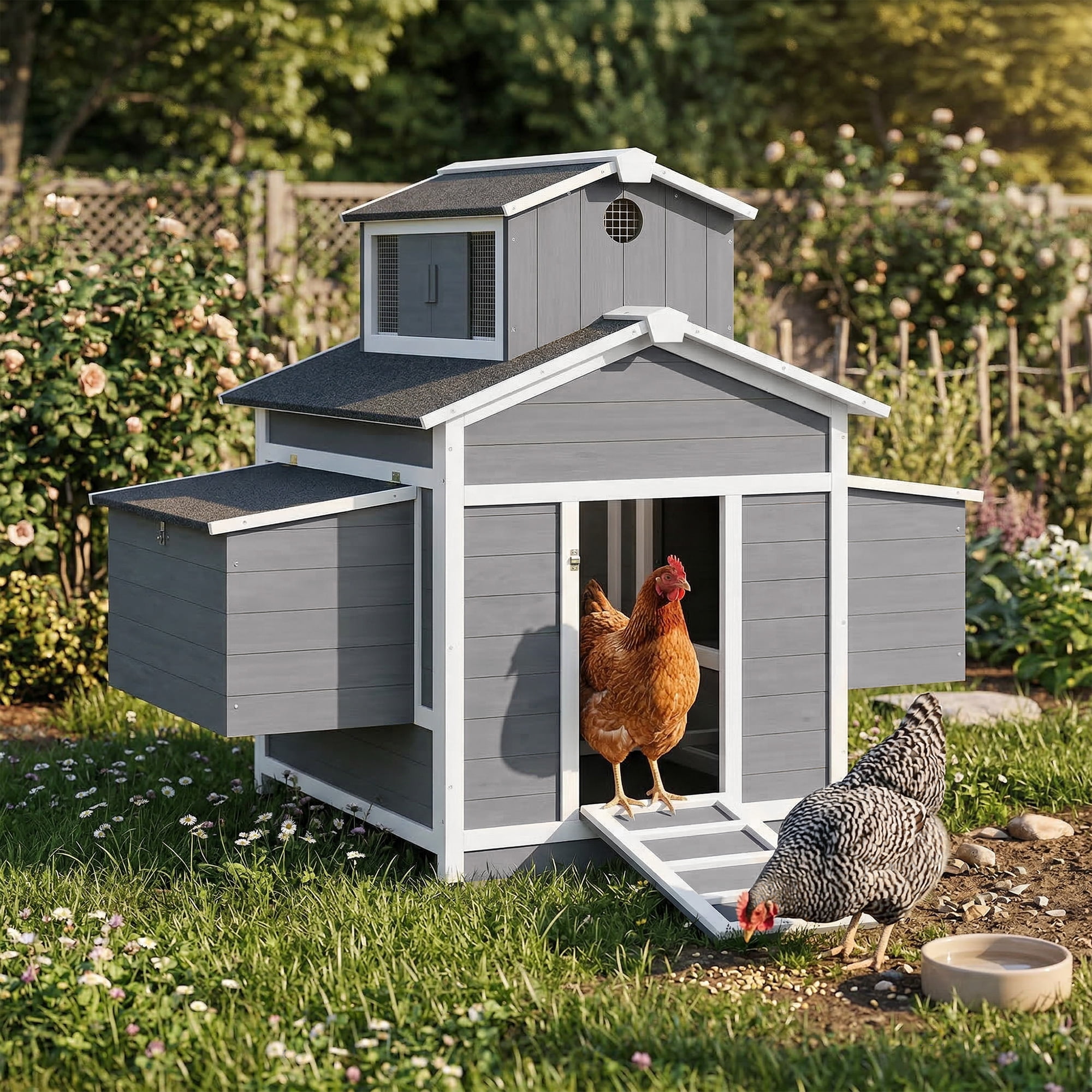 PawHut Chicken Coop for 2 Chickens, Wooden Hen House with Nesting Box, Pull-Out Tray, Ventilation Windows, Poultry Hutch Rabbit Cage