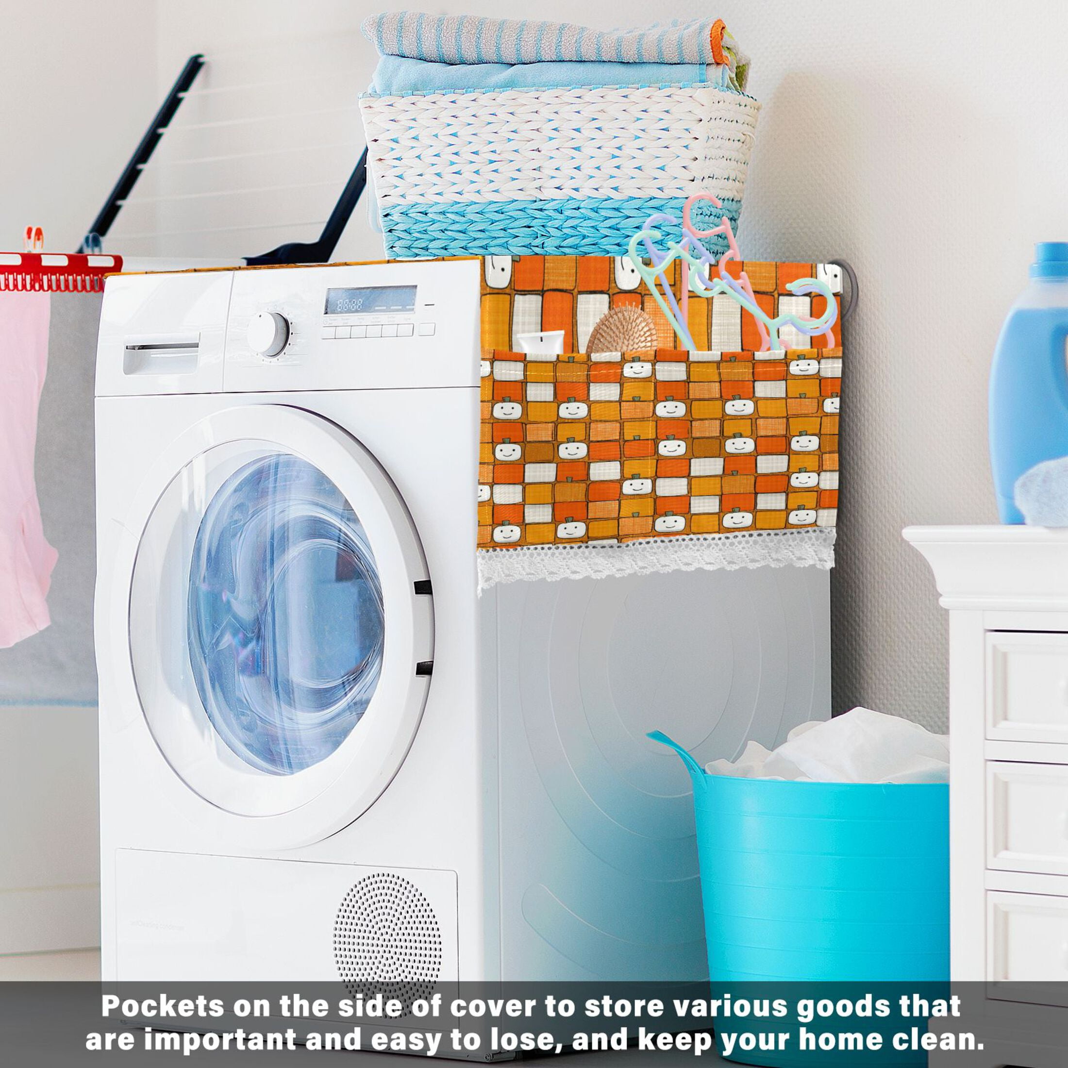 Dustproof Washing Machine Cloth Washer and Dryer Top Covers, Fridge Dust Cover, With Storage Bags Squares with Smiling Pumpkins