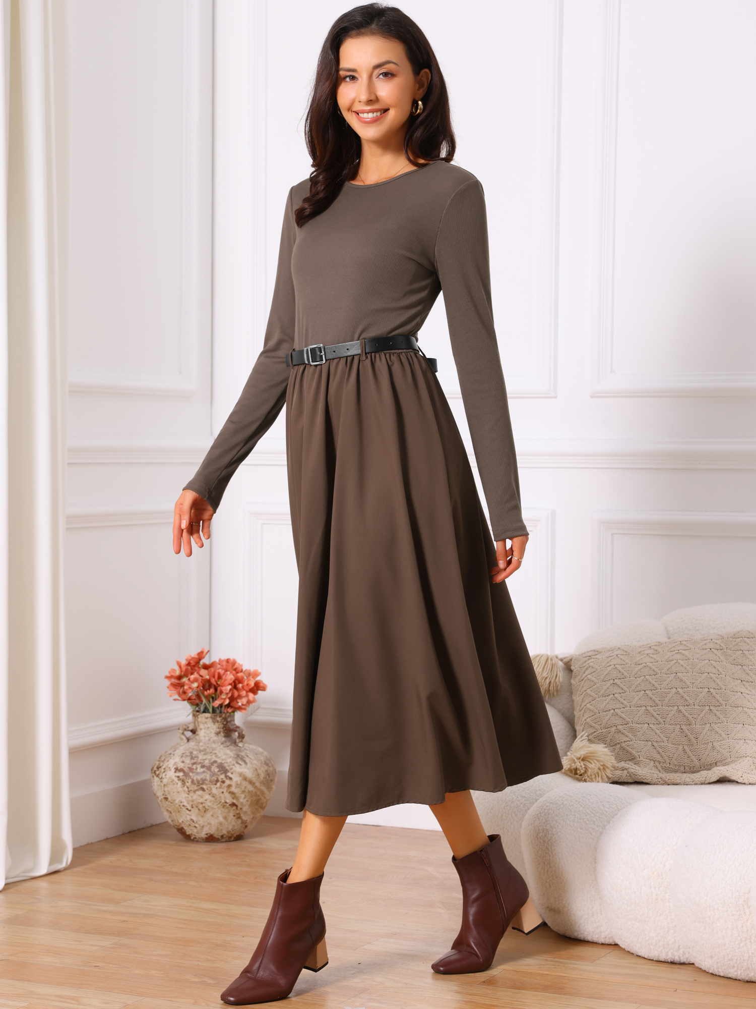 DARING DIVA Midi Dress Crewneck Long Sleeve Flowy Dress S Coffee