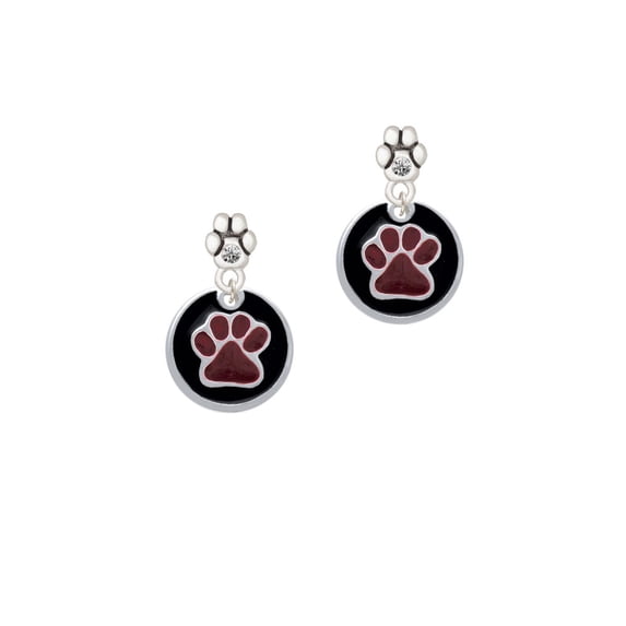 3/4'' Maroon Paw in Black Circle - Clear Crystal Paw Earrings