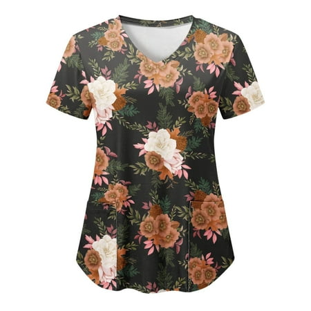 

TKing Fashion Women Scrubs Top V-Neck Short Sleeve Butterfly Print Pockets Work Blouse for Women Brown 4XL