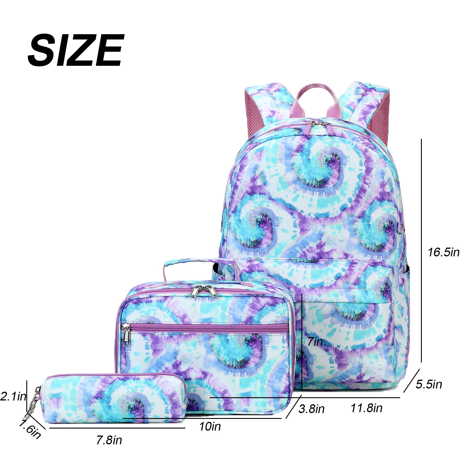 Forestfish Green Tie Dye Backpack Set for Teen with Lunch Bag and Pencil Case Water Resistant Lightweight Large Bookbag