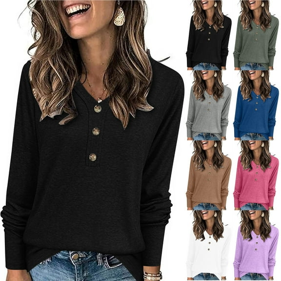 Otntypg Fall Womens Tops Long Sleeve Shirts Lightweight Casual Basic Solid Color V Neck Button Knit Pullover Trendy 2025 Tunic Blouse Army Green XL