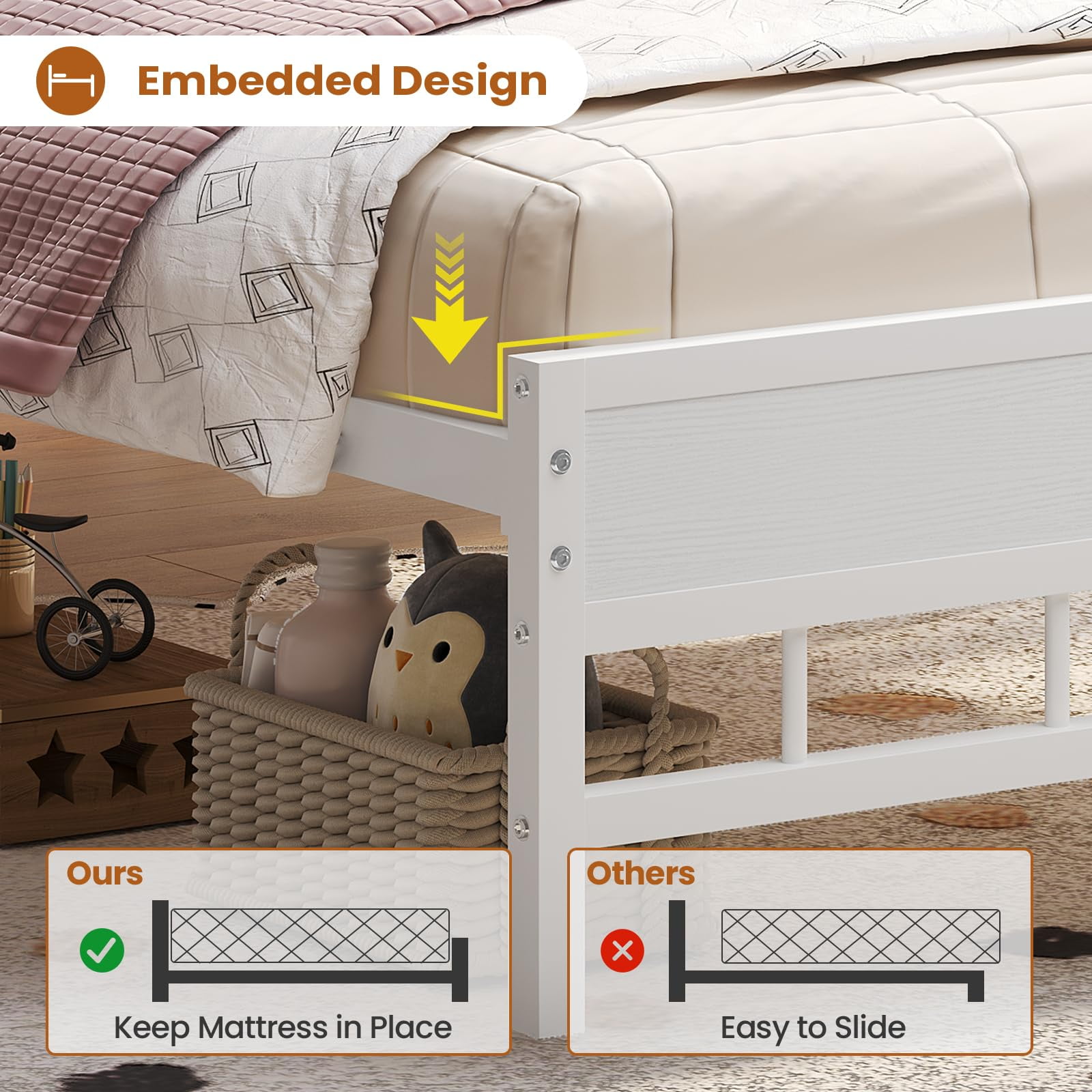 White Twin Bed Frames,with LED Light & Charging Station, Twin Size Bed Frame with Fabric Drawers and 5 Storage Shelves, Platform Bed Frames with Headboard ,No Box Spring Needed