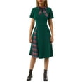 thumbnail image 6 of Women Christmas Party Dress Vintage 1950s Retro Short Sleeve Plaid Patchwork Cocktail Prom Swing Maxi Dress, 6 of 10