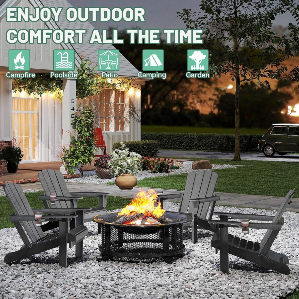 TOPCOMFY Adirondack Chair Set of 2 Folding All-Weather HDPE Plastic Outdoor Patio Lawn Fire Pit Seating with Cup Holder Gray