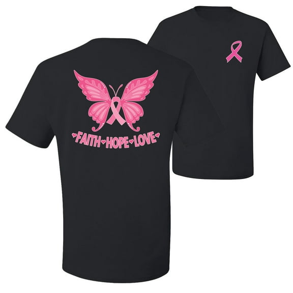 Wild Bobby, Butterfly Pink Ribbon Faith Hope Love, Breast Cancer Awareness, Front and Back Men Graphic Tee, Black, Small