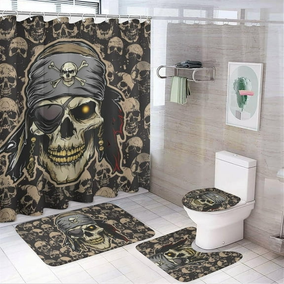 Pirate Skull with Bandana 4 Pcs Bathroom Shower Curtain Set,Bathroom Sets with Rugs (Bath Mat,U Shape and Toilet Lid Cover Mat), Bathroom Decor Set