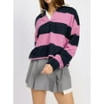 thumbnail image 3 of Rdhnmea Women Long Sleeve Lapel V Neck Wide Striped T-shirt Spring Autumn Loose Sweatshirt Loose Pullover Y2K Shirt Top, 3 of 6