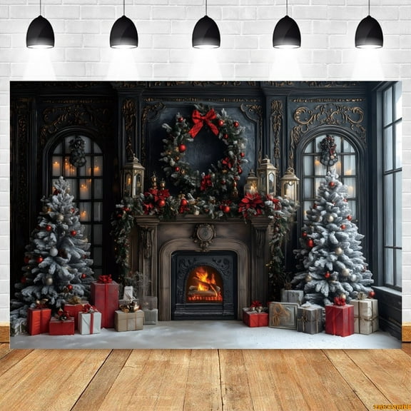 Retro Black Wall Fireplace Backdrop Xmas Tree Gifts Kids Family Christmas Eve Portrait Photography Background r Photostudio