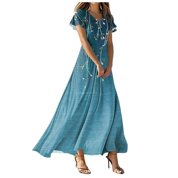 vigerkar Long Maxi Dresses for Women Boho Floral Dress Short Sleeve V Neck Dresses 2025 Blue, S