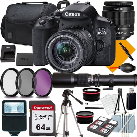 Canon EOS Rebel 850D Camera with 18-55mm+500mm f/8.0 Telephoto Lens for T-mount+COMMANDER Starter Kit+Lens Filters+CASE+64Memory Cards(18PC)