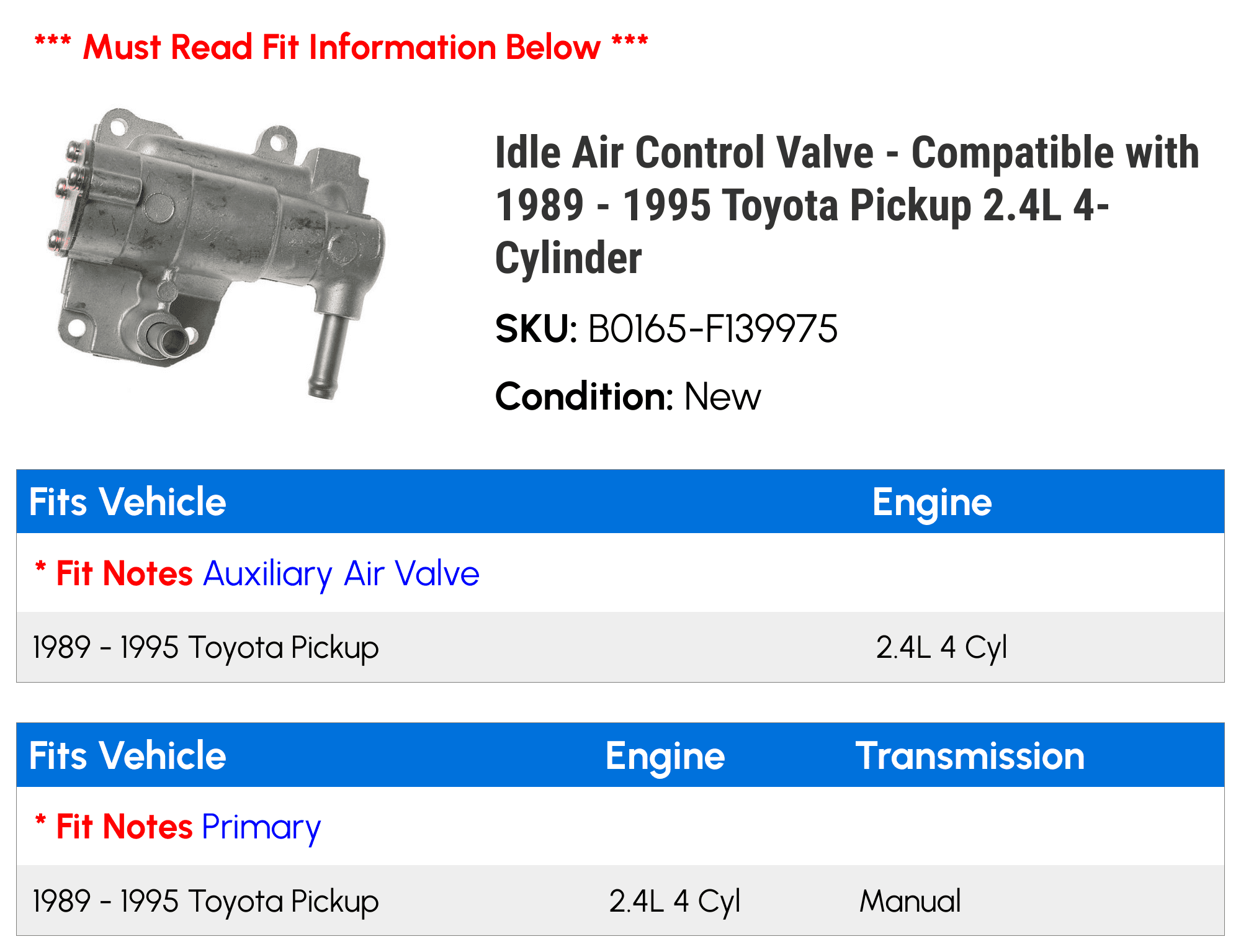Idle Air Control Valve - Compatible with 1989 - 1995 Toyota Pickup 2.4L 4-Cylinder 1990 1991 1992 1993 1994