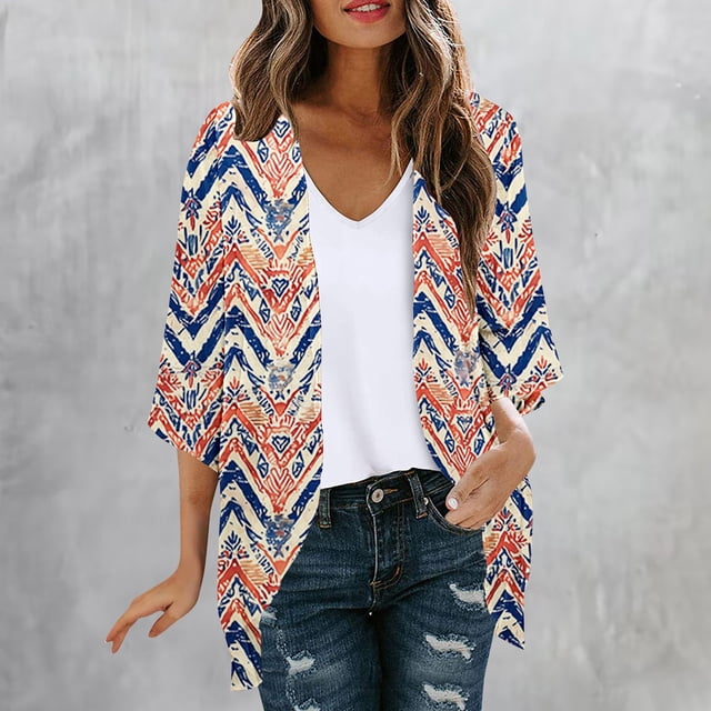 Ladies Summer Tops Ladies' Cardigans Fashionable Printed Jackets Spring and Summer 3/4 Sleeved Printed Jackets Cardigans