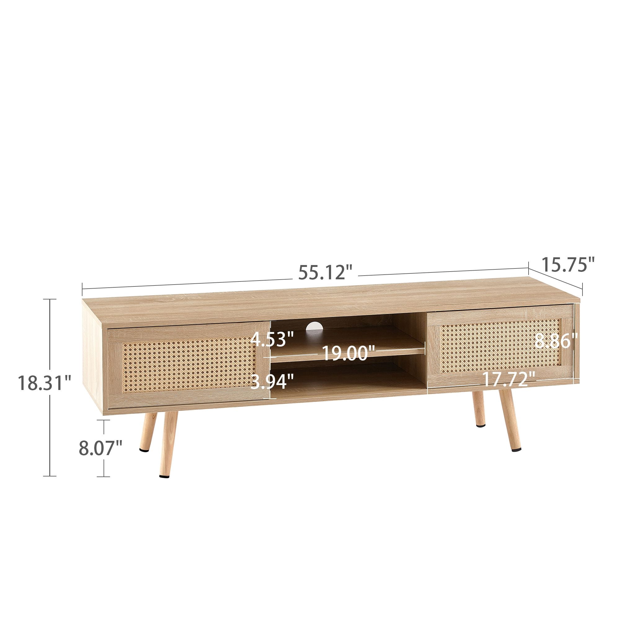 DEALTOPS Modern Rattan TV Stand with Sliding Doors and Open Storage Compartments for TVs up to 55'' -Natural