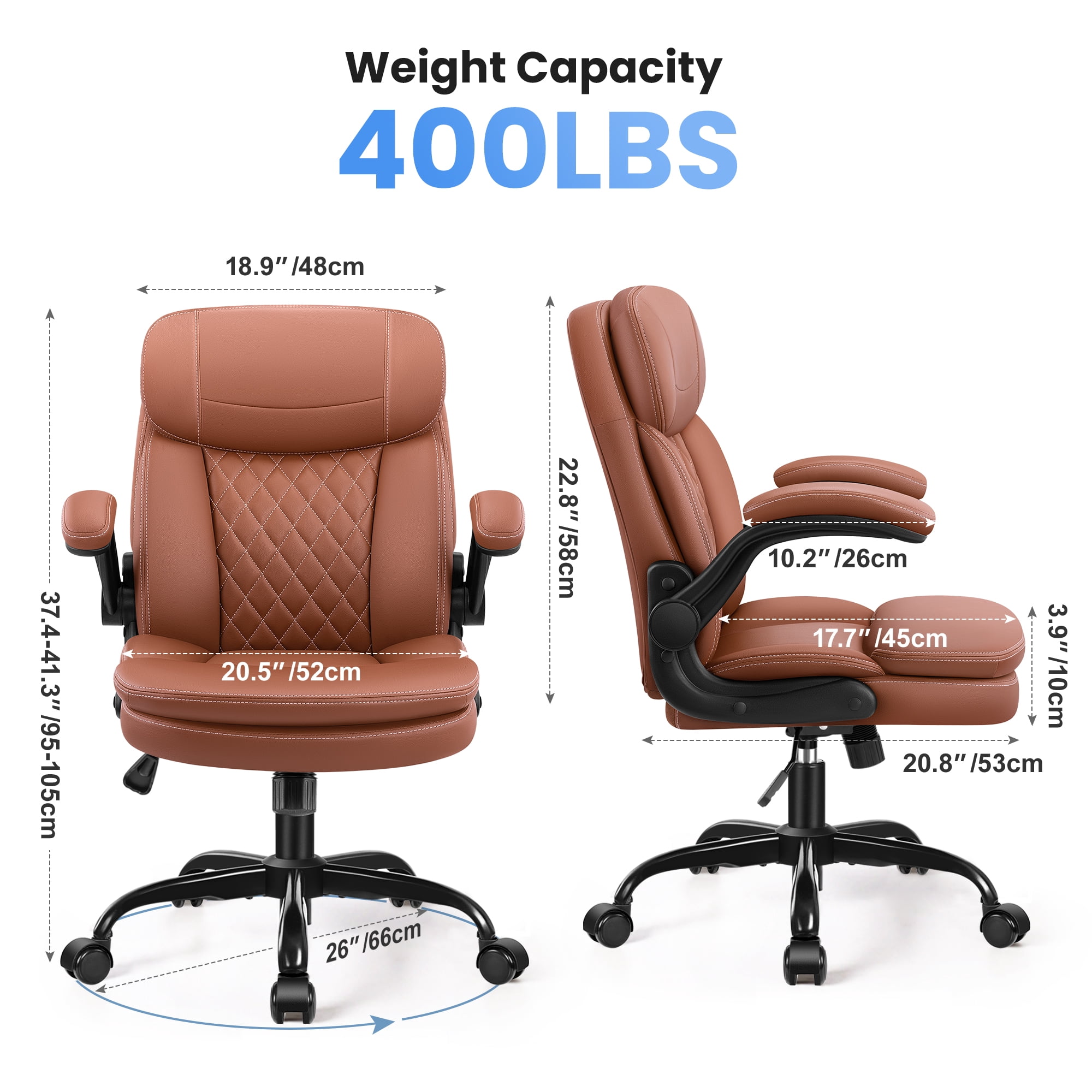COOLHUT 400LBS Big and Tall Office Chair, Executive PU Leather Desk Chair Thick Seat Cushion and Neckrest, Support 8 Hours Heavy Duty Design, 8-Years Warranty, Brown