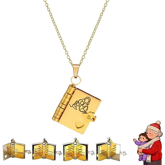 To My Granddaughter Book Necklace with 6 Pages of Engraved Information, Openable Multi Layer